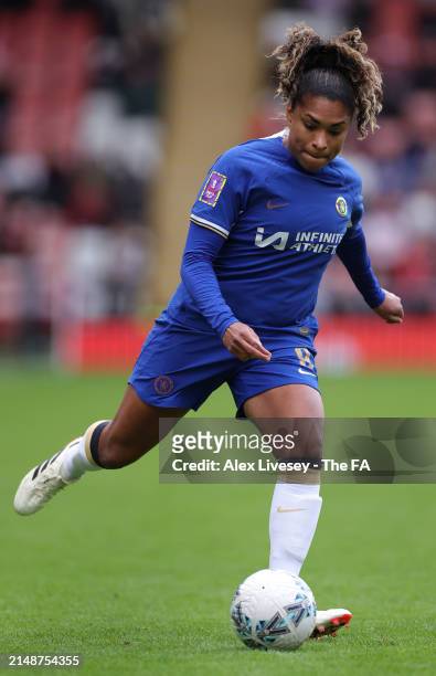 Catarina Macarioof Chelsea during the Adobe Women's FA Cup Semi Final match between Manchester United and Chelsea at Leigh Sports Village on April...