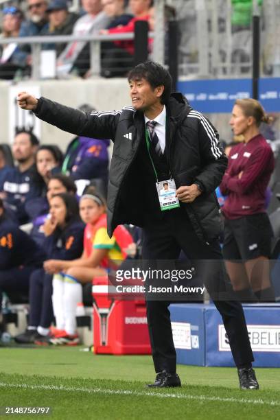 Futoshi Iked head coach of Japan reacts during the second half of the 2024 SheBelieves Cup against Brazil at Lower.com Field on April 09, 2024 in...