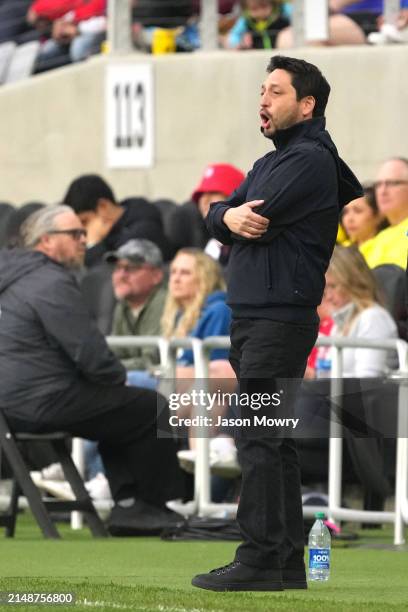 Arthur Elia head coach of Brazil looks on during the 2024 SheBelieves Cup game against Japan at Lower.com Field on April 09, 2024 in Columbus, Ohio.