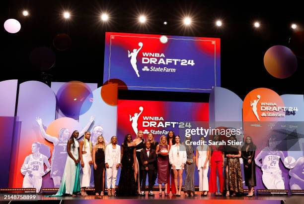 Commissioner Cathy Engelbert poses with the draftees prior to the 2024 WNBA Draft at Brooklyn Academy of Music on April 15, 2024 in New York City.