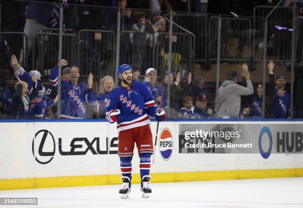 Vincent Trocheck of the New York Rangers celebrates his shootout goal against the New York Islanders at Madison Square Garden on April 13, 2024 in...