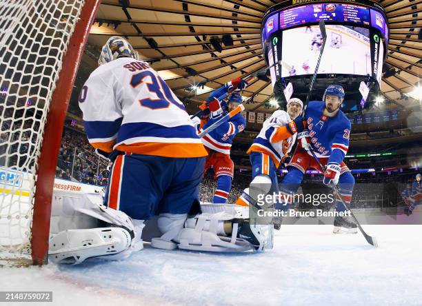Chris Kreider of the New York Rangers skates against the New York Islanders at Madison Square Garden on April 13, 2024 in New York City. The Rangers...