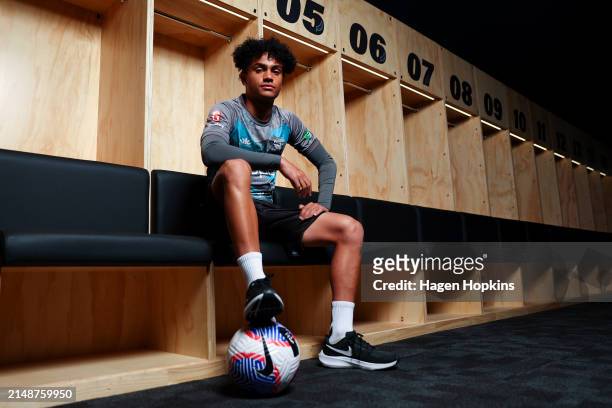 Gabriel Sloane-Rodrigues poses prior to a Wellington Phoenix A-League training session at NZCIS on April 16, 2024 in Wellington, New Zealand.