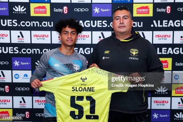 Coach Giancarlo Italiano and Gabriel Sloane-Rodrigues pose during a Wellington Phoenix A-League press conference at NZCIS on April 16, 2024 in...