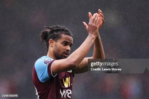 Lorenz Assignon of Burnley applauds the fans after the Premier League match between Burnley FC and Brighton & Hove Albion at Turf Moor on April 13,...