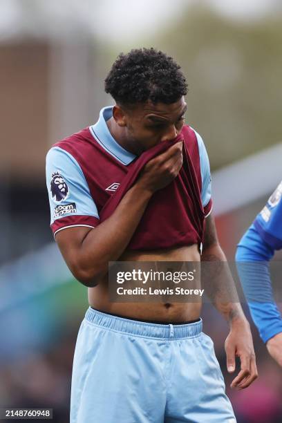 Lyle Foster of Burnley reacts during the Premier League match between Burnley FC and Brighton & Hove Albion at Turf Moor on April 13, 2024 in...