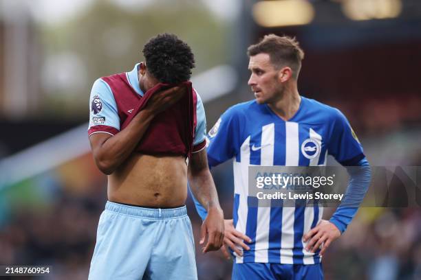 Lyle Foster of Burnley reacts during the Premier League match between Burnley FC and Brighton & Hove Albion at Turf Moor on April 13, 2024 in...