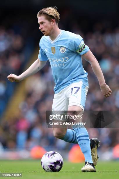 Kevin De Bruyne of Manchester City during the Premier League match between Manchester City and Luton Town at Etihad Stadium on April 13, 2024 in...