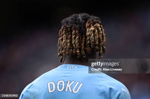 Jeremy Doku of Manchester City during the Premier League match between Manchester City and Luton Town at Etihad Stadium on April 13, 2024 in...