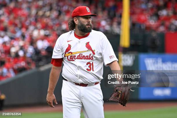 Lance Lynn of the St. Louis Cardinals looks on during a game against the Miami Marlins at Busch Stadium on April 4, 2024 in St Louis, Missouri.