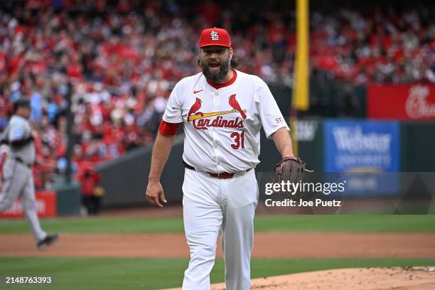 Lance Lynn of the St. Louis Cardinals reacts during a game against the Miami Marlins at Busch Stadium on April 4, 2024 in St Louis, Missouri.