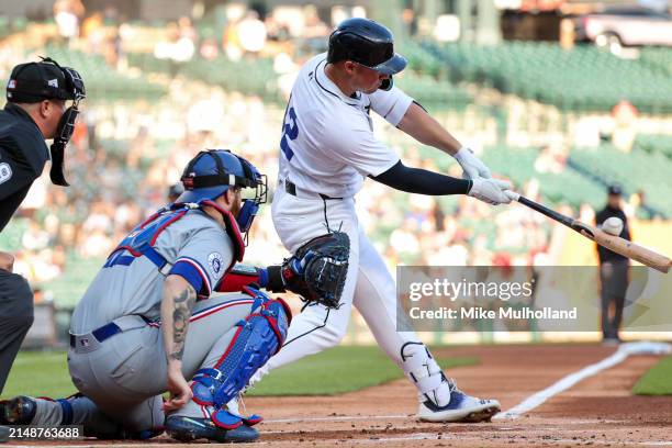 Spencer Torkelson of the Detroit Tigers swings at a pitch in the first inning of a game against the Texas Rangers at Comerica Park on April 15, 2024...