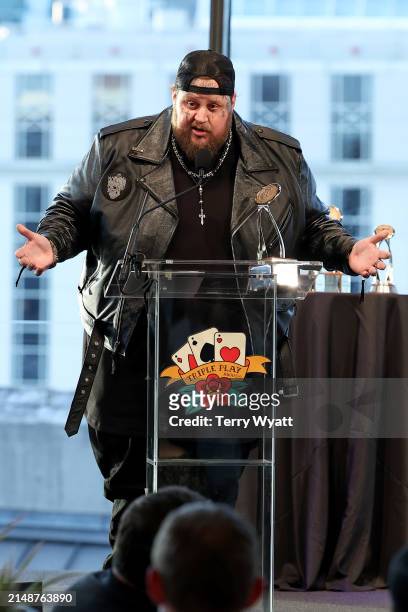 Triple Play Award recipient Jelly Roll speaks onstage during the 14th CMA Triple Play Awards at Country Music Hall of Fame and Museum on April 15,...