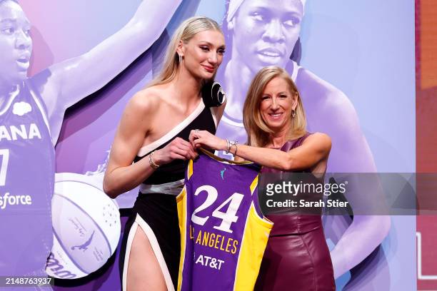 Cameron Brink poses with WNBA Commissioner Cathy Engelbert after being selected second overall pick by the Los Angeles Sparks during the 2024 WNBA...