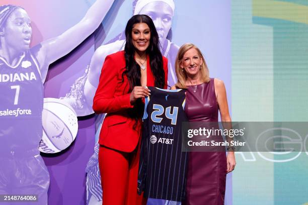 Kamilla Cardoso poses with WNBA Commissioner Cathy Engelbert after being selected third overall pick by the Chicago Sky during the 2024 WNBA Draft at...