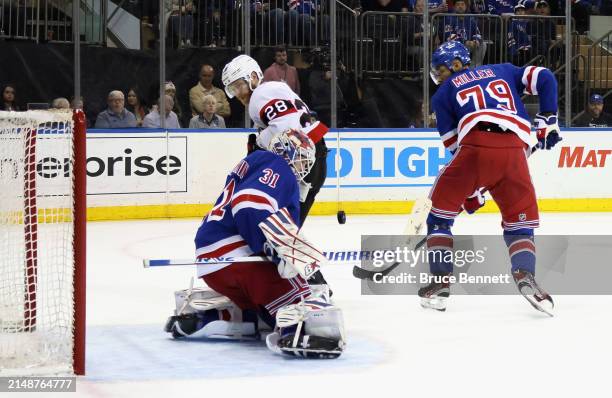 Igor Shesterkin of the New York Rangers makes the first period stop on Claude Giroux of the Ottawa Senators at Madison Square Garden on April 15,...