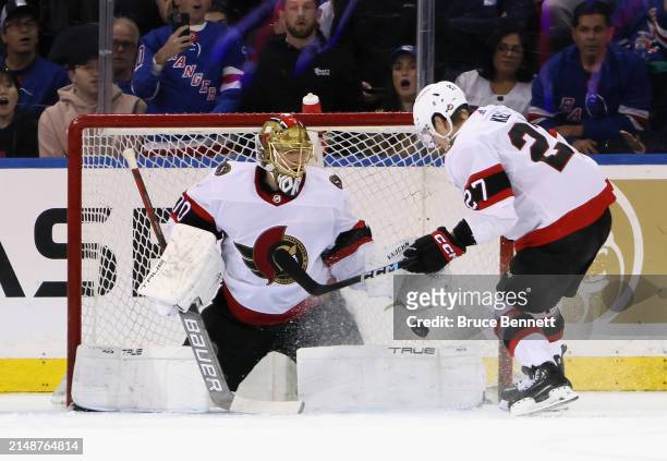 Joonas Korpisalo of the Ottawa Senators makes the first period save against the New York Rangers at Madison Square Garden on April 15, 2024 in New...