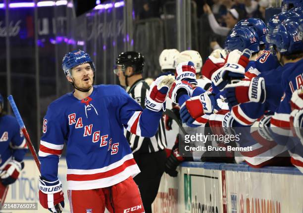 Jack Roslovic of the New York Rangers celebrates his first period goal against the Ottawa Senators at Madison Square Garden on April 15, 2024 in New...