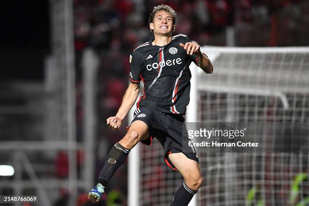 Facundo Colidio of River Plate celebrates after scoring the team's first goal during a Copa de la Liga Profesional 2024 match between Instituto and...
