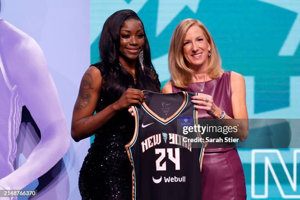Marquesha Davis poses with WNBA Commissioner Cathy Engelbert after being selected 11th overall pick by the New York Liberty during the 2024 WNBA...
