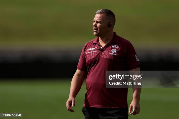 Anthony Seibold, head coach of the Sea Eagles looks on during a Manly Sea Eagles NRL training session at 4 Pines Park on April 16, 2024 in Sydney,...