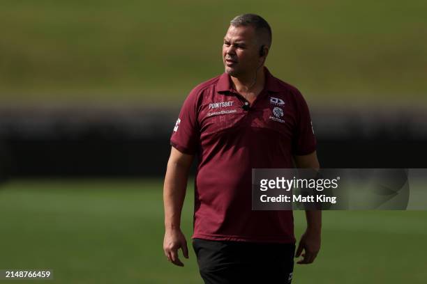 Anthony Seibold, head coach of the Sea Eagles looks on during a Manly Sea Eagles NRL training session at 4 Pines Park on April 16, 2024 in Sydney,...
