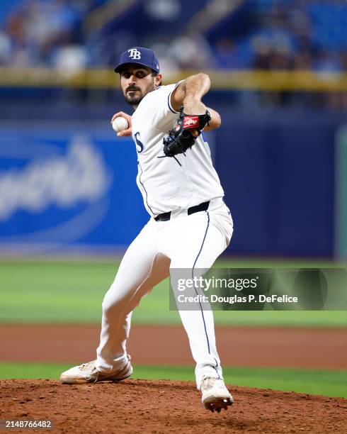 Zach Eflin of the Tampa Bay Rays throws a pitch during the fifth inning against the Los Angeles Angels at Tropicana Field on April 15, 2024 in St...