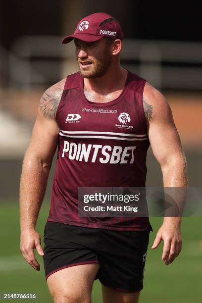 Matthew Lodge of the Sea Eagles looks on during a Manly Sea Eagles NRL training session at 4 Pines Park on April 16, 2024 in Sydney, Australia.