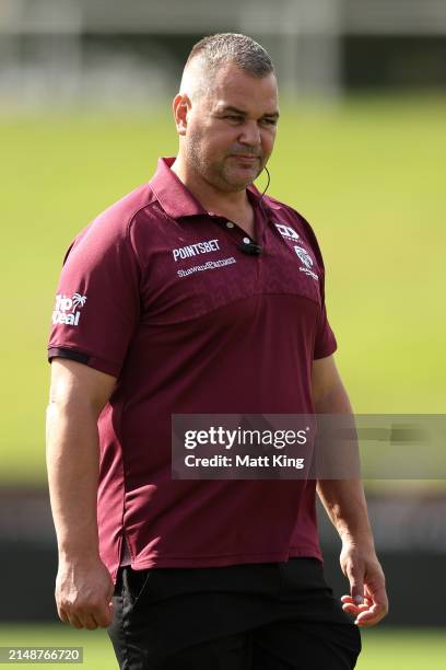 Anthony Seibold, head coach of the Sea Eagles looks on during a Manly Sea Eagles NRL training session at 4 Pines Park on April 16, 2024 in Sydney,...