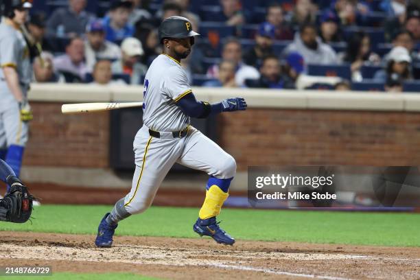 Andrew McCutchen of the against the Pittsburgh Pirates hits a RBI single in the sixth inning against the New York Mets at Citi Field on April 15,...