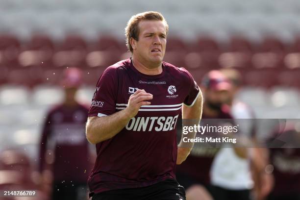 Jake Trbojevic of the Sea Eagles performs drills during a Manly Sea Eagles NRL training session at 4 Pines Park on April 16, 2024 in Sydney,...