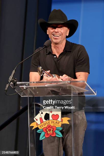 Kenny Chesney speaks onstage during the 14th CMA Triple Play Awards at Country Music Hall of Fame and Museum on April 15, 2024 in Nashville,...
