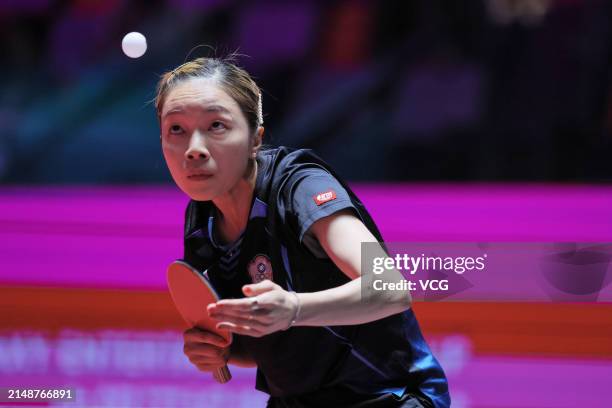 Liu Hsing-Yin of Chinese Taipe competes in the Women's Singles group match against Chen Xingtong of China on day one of ITTF Men's and Women's World...