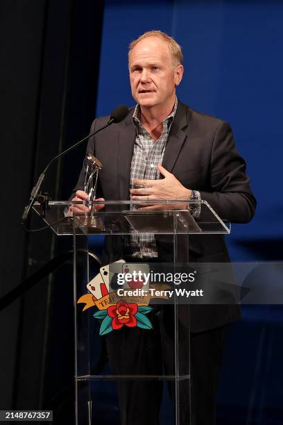 Songwriter Advocate Award recipient Troy Tomlinson speaks onstage during the 14th CMA Triple Play Awards at Country Music Hall of Fame and Museum on...