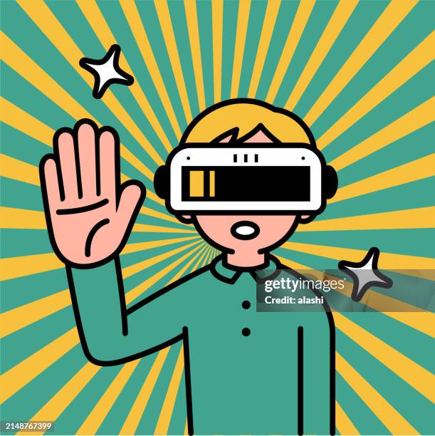 ein junge mit einem virtual-reality-headset oder einer vr-brille betritt das metaverse und hebt die hand, um zu sprechen - zahl fünf stock-grafiken, -clipart, -cartoons und -symbole