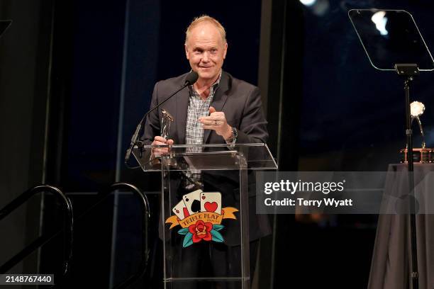 Songwriter Advocate Award recipient Troy Tomlinson speaks onstage during the 14th CMA Triple Play Awards at Country Music Hall of Fame and Museum on...