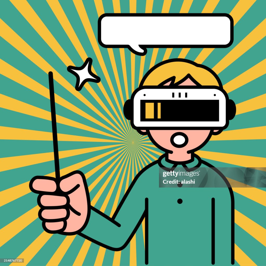 Ein Junge mit einem Virtual-Reality-Headset oder einer VR-Brille betritt das Metaverse, schaut den Betrachter an und hält einen Dirigentenstab oder den Zeigestock eines Lehrers in der Hand