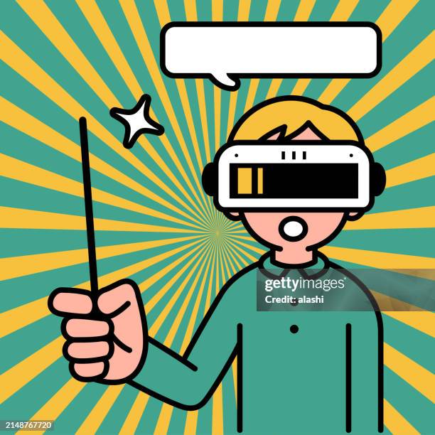 illustrations, cliparts, dessins animés et icônes de un garçon portant un casque de réalité virtuelle ou des lunettes de réalité virtuelle entre dans le métavers, regarde le spectateur et tient une baguette de chef d’orchestre ou un bâton de pointeur d’enseignant - baguette