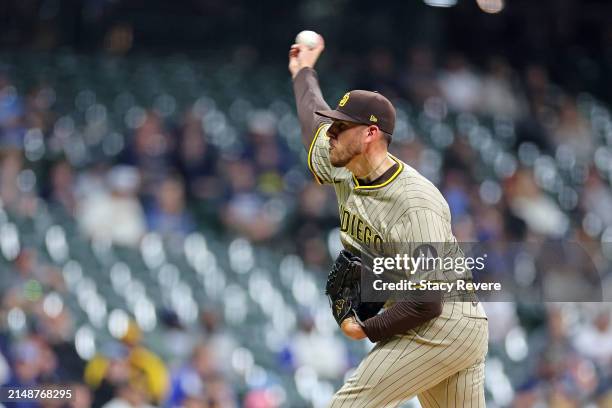 Joe Musgrove of the San Diego Padres throws a pitch during the fifth inning against the Milwaukee Brewers at American Family Field on April 15, 2024...