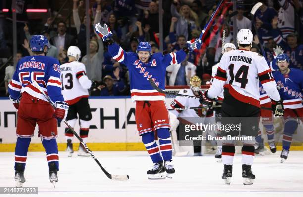 Artemi Panarin of the New York Rangers celebrates his third period goal against the Ottawa Senators at Madison Square Garden on April 15, 2024 in New...