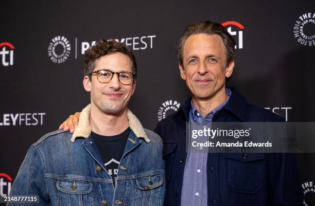 Comedians Andy Samberg and Seth Meyers attend the PaleyFest LA 2024 screening of "Late Night With Seth Meyers" at Dolby Theatre on April 15, 2024 in...