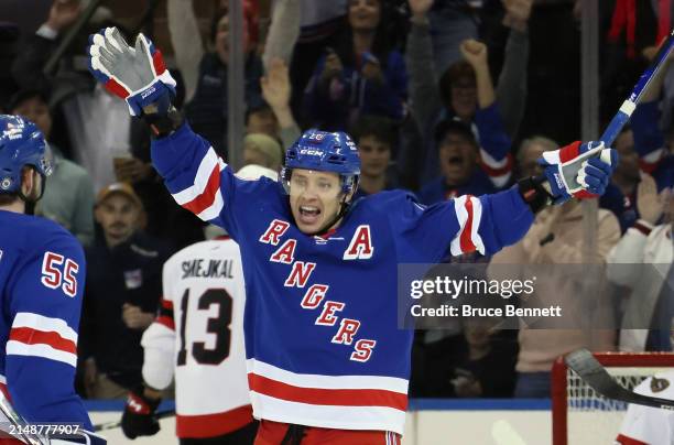 Artemi Panarin of the New York Rangers celebrates his third period goal against the Ottawa Senators at Madison Square Garden on April 15, 2024 in New...