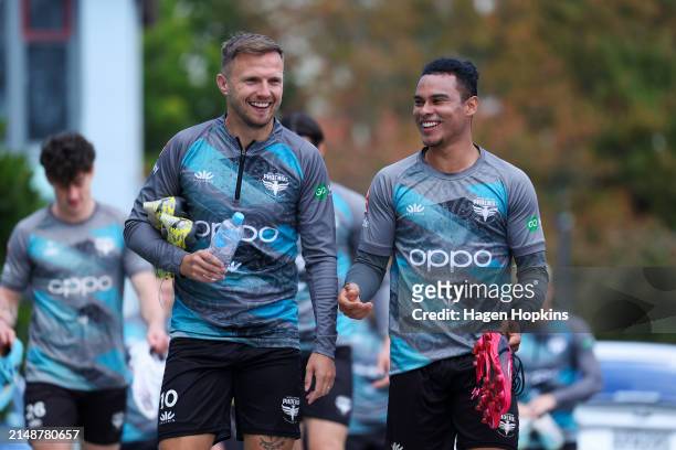 David Ball and Youstin Salas arrive during a Wellington Phoenix A-League training session at NZCIS on April 16, 2024 in Wellington, New Zealand.