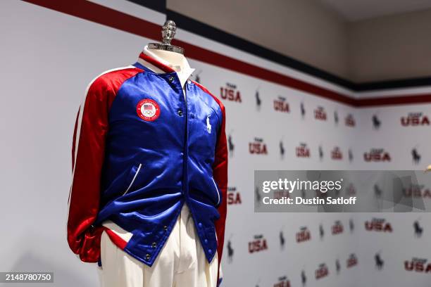 Ralph Lauren Team USA merchandise and uniforms at the Team USA Media Summit at Marriott Marquis Hotel on April 15, 2024 in New York City.