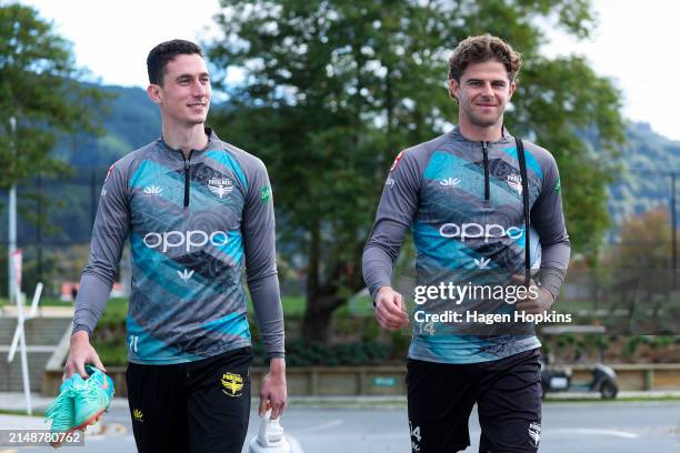 Bozhidar Kraev and Alex Rufer arrive during a Wellington Phoenix A-League training session at NZCIS on April 16, 2024 in Wellington, New Zealand.