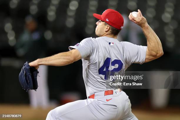 Ryan Helsley of the St. Louis Cardinals pitches against the Oakland Athletics in the ninth inning at Oakland Coliseum on April 15, 2024 in Oakland,...