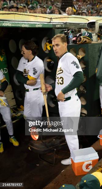 Bleday of the Oakland Athletics in the dugout during the game against the Cleveland Guardians at the Oakland Coliseum on March 28, 2024 in Oakland,...