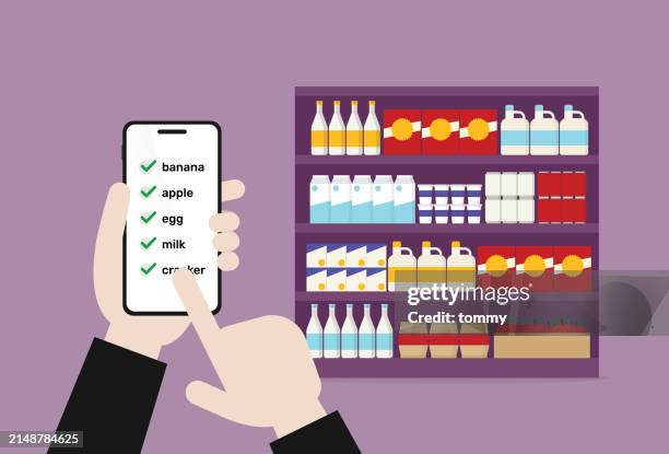 online-einkaufsliste für lebensmittel im supermarkt - supermarktgang stock-grafiken, -clipart, -cartoons und -symbole