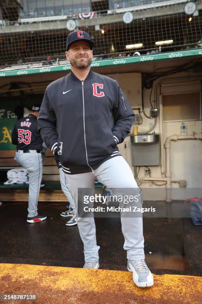 Manager Stephen Vogt of the Cleveland Guardians in the dugout before the game against the Oakland Athletics at the Oakland Coliseum on March 29, 2024...
