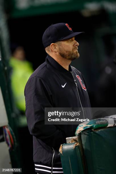 Manager Stephen Vogt of the Cleveland Guardians in the dugout during the game against the Oakland Athletics at the Oakland Coliseum on March 29, 2024...